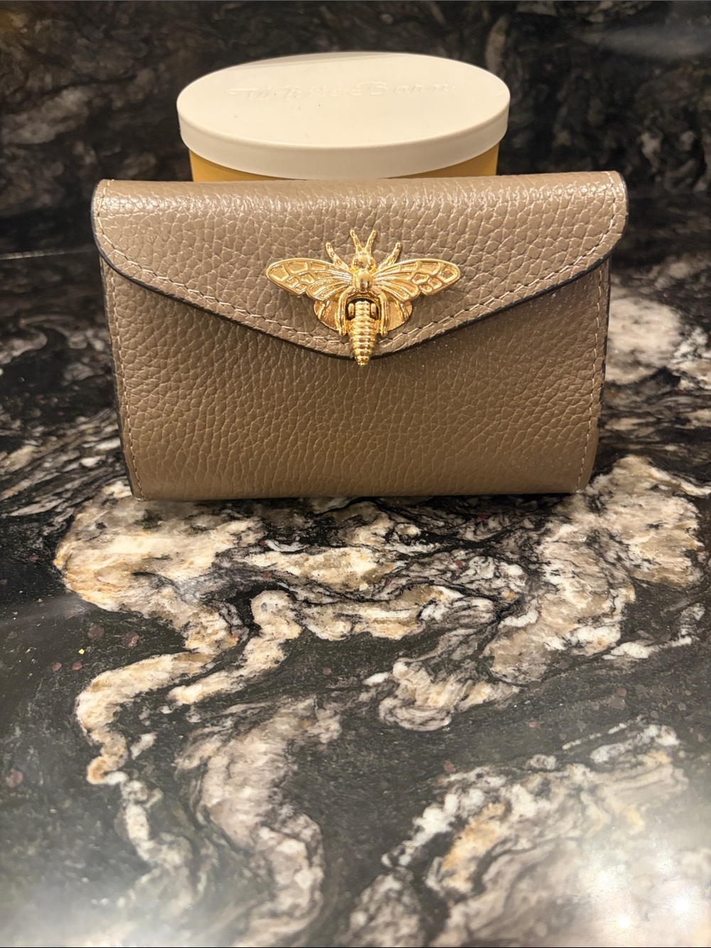 Taupe Leather Bee-Embellished Wallet